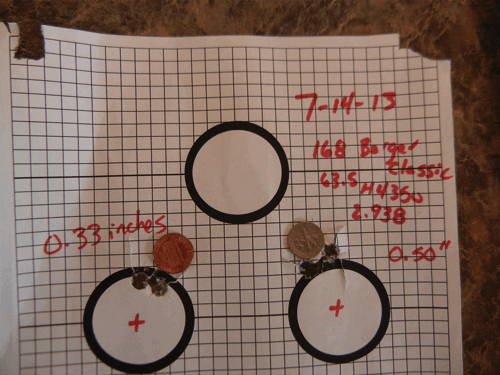 our - three shot groups in a row. Here is a picture of two of them. Largest group was 0.50 inches. Smallest was 0.33. Two of them at 0.40 inches.